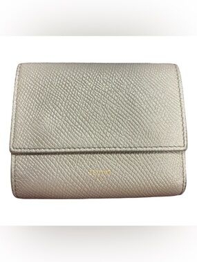 Celine Fold-Over Pebbled Leather Wallet in Taupe with Gold Logo & Hardware